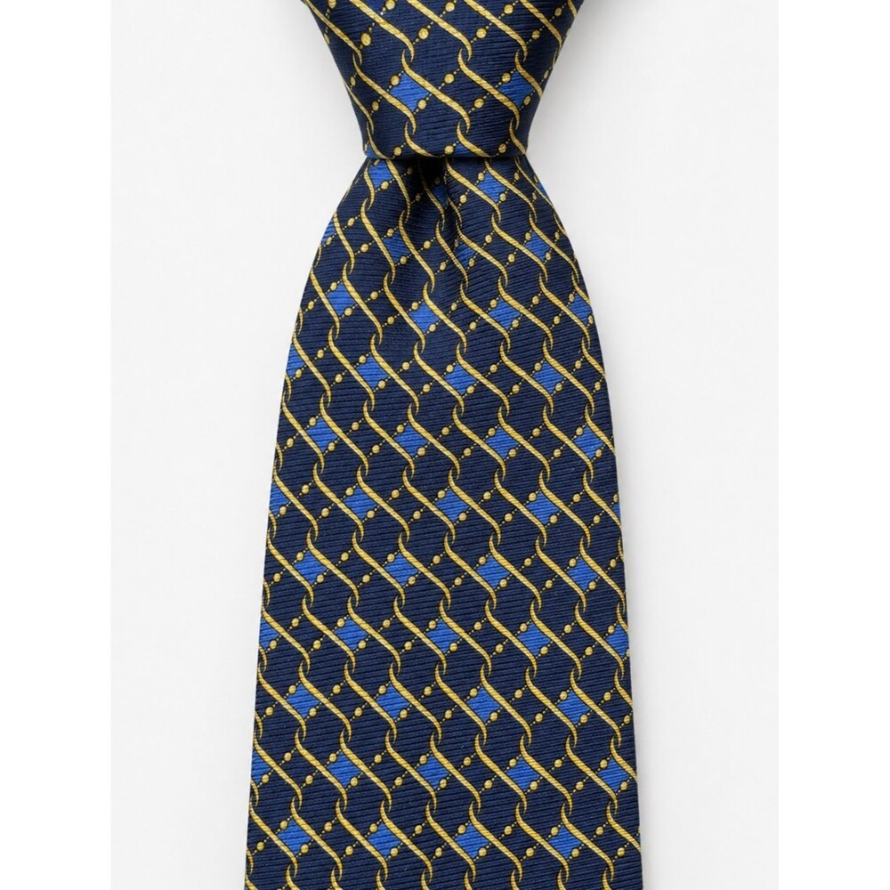 Gianni Versace Navy Gold Medusa Silk Tie Geometric Chain Pattern Italy Necktie